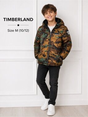Timberland Boys' Camo Puffer Jacket in Green and Brown/size M (10-12)